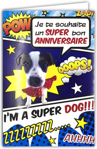 Carte Bleue Bon Anniversaire Super Héros Chien Chiot avec Enveloppe 12x17 5cm