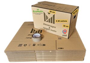 Lot de 40 cartons 50x30x30 cm poignées renforcées double épaisseur + 1 rouleau adhésif 68 m