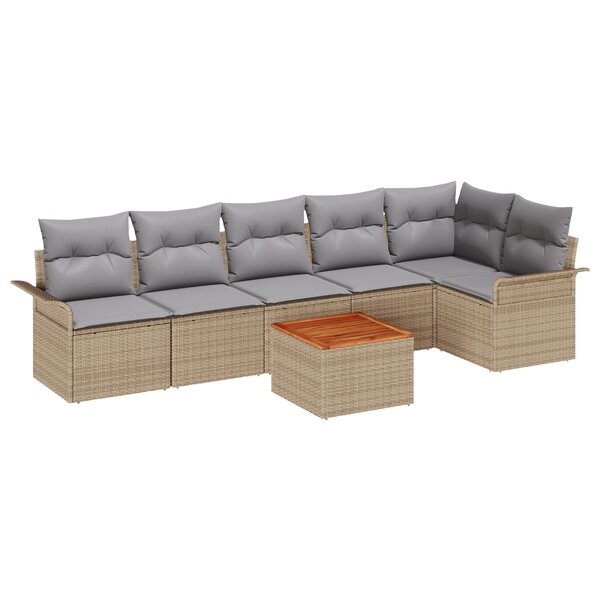 vidaXL Set de canapé de jardin 7 pièces avec coussins beige poly rattan acacia