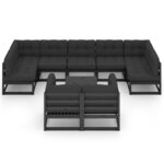 Salon de jardin meuble d'extérieur ensemble de mobilier 10 pièces avec coussins noir bois de pin massif 02_0015111