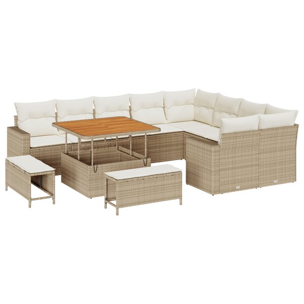 Ensemble de canapés de jardin 12 pièces Beige avec coussins en rotin poly et acacia