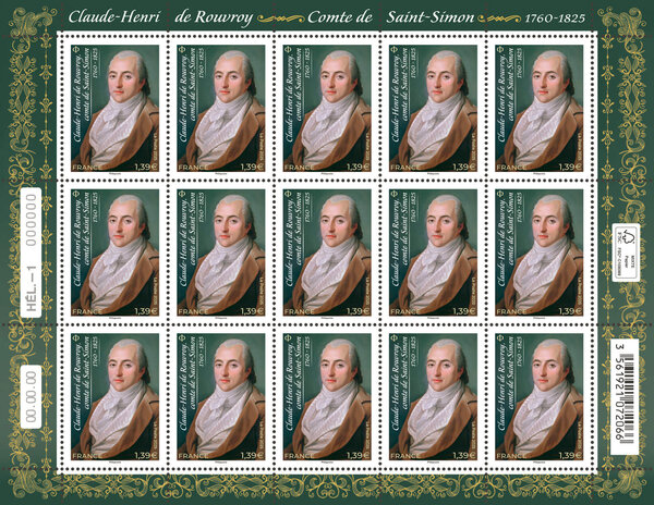 Feuille de 15 timbres - Claude-Henri de Rouvroy, comte de Saint-Simon (1760-1825) - Lettre verte