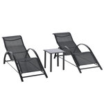 Lot de 2 bains de soleil design contemporain table basse plateau verre trempé métal époxy textilène noir