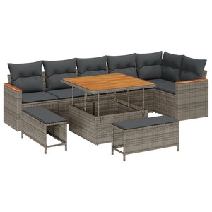 Ensemble de canapés de jardin 9 pièces avec coussins gris poly rotin acacia
