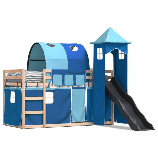 vidaXL Lit superposé avec toboggan et rideaux bleu 90x200 cm