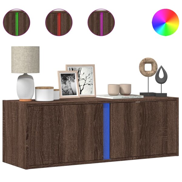 vidaXL Meuble TV mural avec lumières LED chêne marron 100x31x35 cm