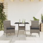 vidaXL Ensemble à manger de jardin et coussins 3 Pièces gris rotin verre