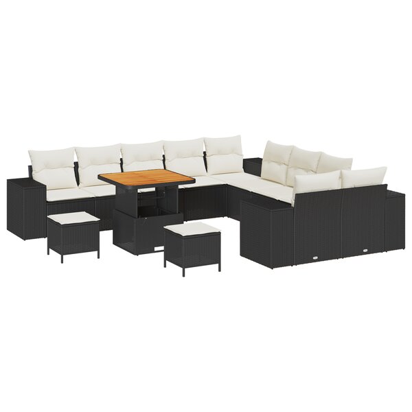 Ensemble de Canapé de Jardin 13 Pièces avec Coussins Noir Poly Rattan Acacia