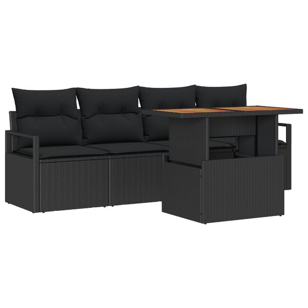 Canapé de jardin 5 pièces avec coussins en poly rotin noir et acacia