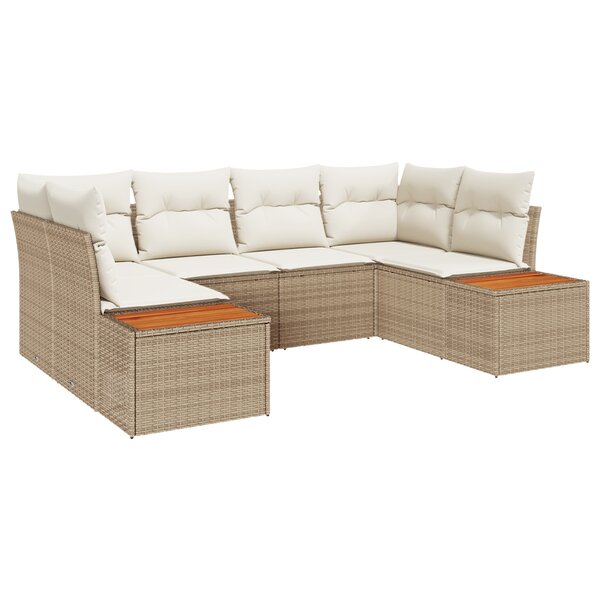 Ensemble de Canapé de Jardin 6 Pièces avec Coussins Beige Rattan Poly Acacia