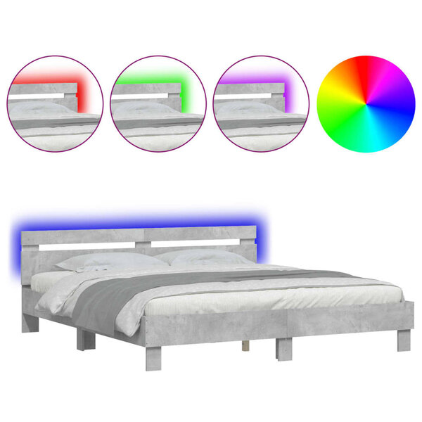 vidaXL Cadre de lit avec tête de lit et LED gris béton 200x200 cm