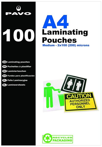 Boîte de 100 Pochettes de plastification à chaud brillante 2 x 100 microns A4 Transparent PAVO