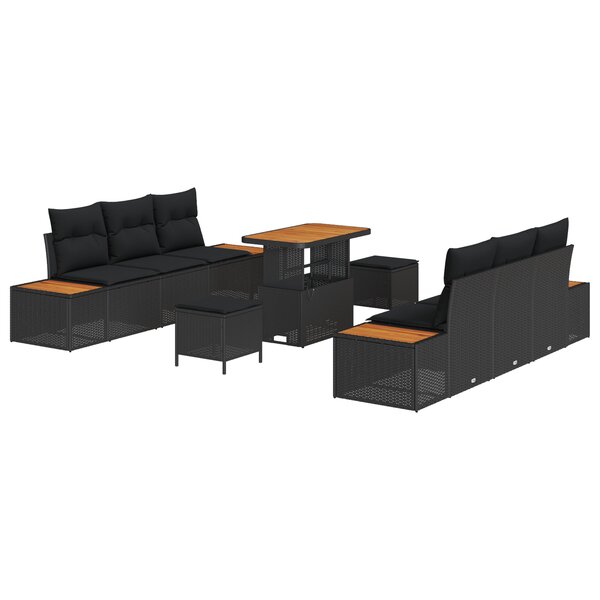 vidaXL Ensemble de Canapé de Jardin 9 Pièces avec Coussins - Poly Rattan Noir & Acacia