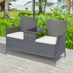 Banc de jardin design contemporain 133L x 63l x 84H cm banc double chaise avec coussins assise + tablette intégrée résine tressée grise polyester crème