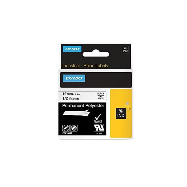 Ruban RHINO 12mmx5,5m Noir/Blanc polyester permanant adhésif ultra résistant DYMO