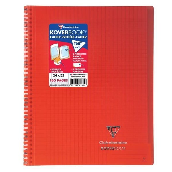 CLAIREFONTAINE - Cahier reliure avec rabats KOVERBOOK - 24 x 32 - 160 pages Seyes - Couverture polyproplylene translucide - Rouge