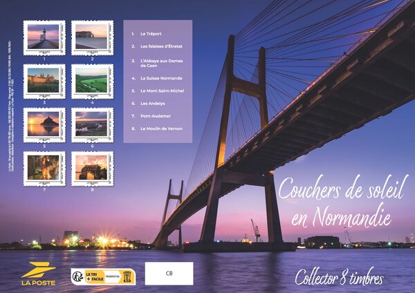 Collector 8 timbres - Couchers de soleil en Normandie - Lettre verte