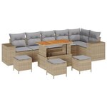 Ensemble de Canapé de Jardin de 10 pièces avec Coussins Beige Poly Rattan Acacia