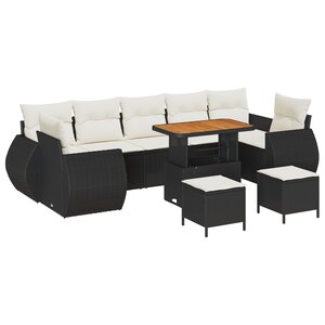 Ensemble de canapé jardin 10 pièces avec coussins en poly rotin noir acacia