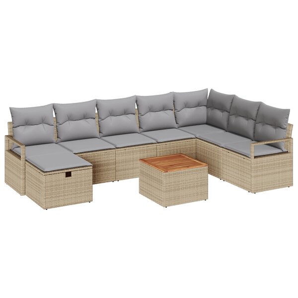 Ensemble Canapé de Jardin 9 Pièces avec Coussins Beige Rattan Poly