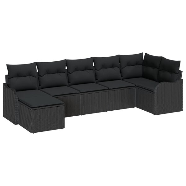 Ensemble de canapé jardin 7 pièces avec coussins en rotin poly noir vidaXL