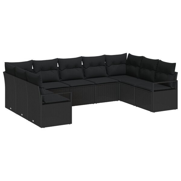 Set de canapé de jardin de 9 pièces avec coussins en rotin poly noir