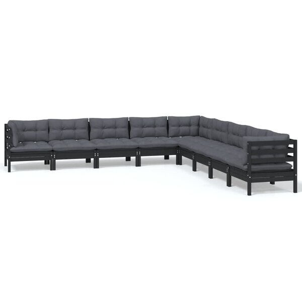 vidaXL Salon de jardin 9 Pièces avec coussins Noir Bois de pin massif