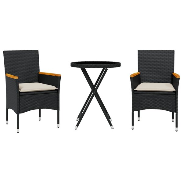 vidaXL Ensemble de bistro avec coussins 3Pièces noir résine tressée verre