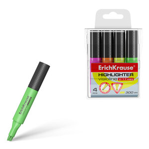 Erichkrause Visioline V-17 Pack de 4 Marqueurs - Fluorescent - Lot de 4 Couleurs : Jaune  Vert  Rose  Orange