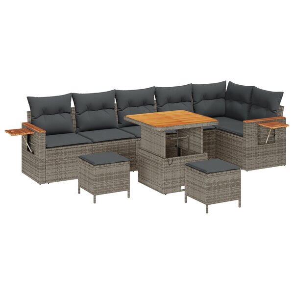 Ensemble de canapé de jardin 9 pièces avec coussins Gris Poly Rotin Acacia