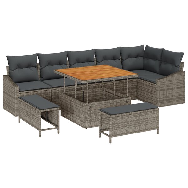 Ensemble de Canapé de Jardin 9 Pièces avec Coussins Gris Poly Rattan Acacia