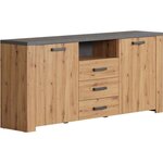 Buffet FOLLOW - Mélamine chêne artisan et gris ardoise - 2 Portes + 3 Tiroirs - 180 x 40 x 83 cm