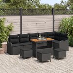 Ensemble de 10 Pièces de Canapés de Jardin avec Coussins Noir Poly Rattan Acacia