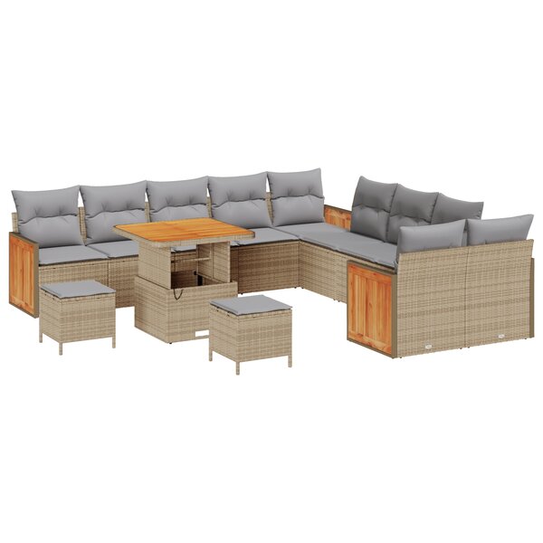 Ensemble de canapé de jardin vidaXL de 13 pièces avec coussins Beige Poly Rattan Acacia