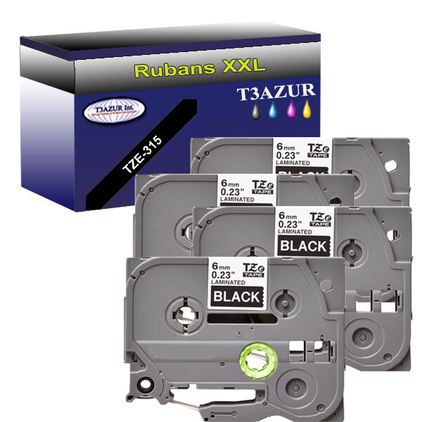 4 x Rubans d'étiquettes laminées générique Brother Tze-315 pour étiqueteuses P-touch - Texte blanc sur fond noir - T3AZUR