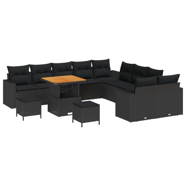 Ensemble de canapé de jardin de 13 pièces avec coussins Noir Polyrotin Acacia