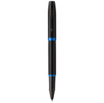 Stylo roller Parker IM Vibrant Rings  Satin noir laqué  attributs bleu océan  recharge noire pointe fine  Coffret cadeau