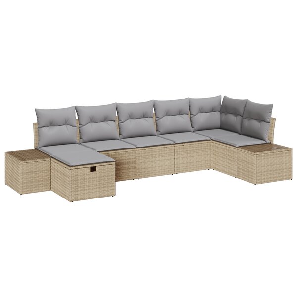 vidaXL Ensemble de canapé de jardin 7 pièces avec coussins Beiges en rotin Poly