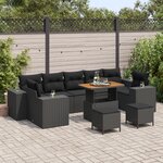 Ensemble de Canapé de Jardin 10 Pièces avec Coussins Rattan Noir Acacia