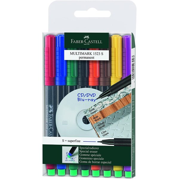 Etui lot de 8 marqueurs cd/dvd multimark permanent s super fin assortis faber-castell