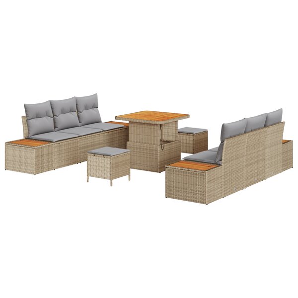 Ensemble de Canapé de Jardin 9 Pièces avec Coussins en Rattan Poly Beige Acacia