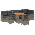 Canapé de Jardin 9 pièces avec Coussins Rattan Poly Gris Acacia