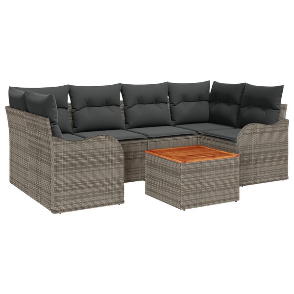 Ensemble de canapé de jardin 7 pièces avec coussins gris poly rotin acacia