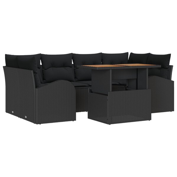 Ensemble de canapés de jardin 7 pièces avec coussins noir poly rattan