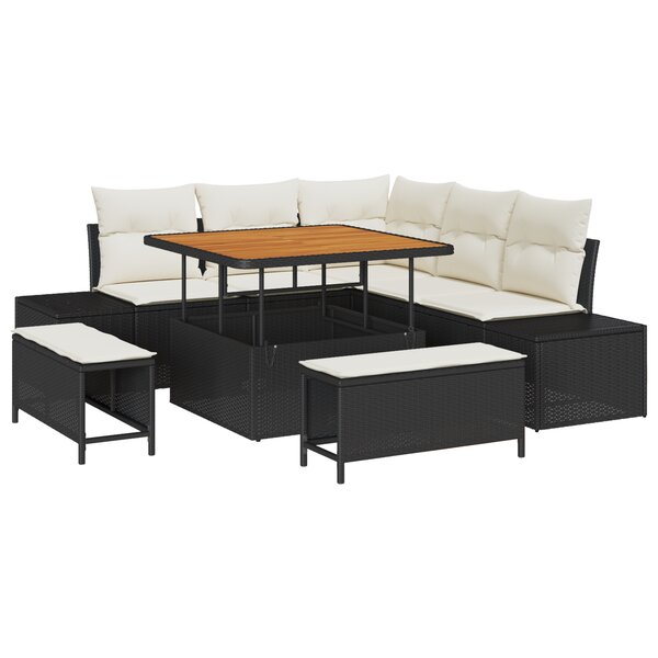 Canapé de Jardin 8 pièces avec Coussins Noir Poly Rattan Acacia