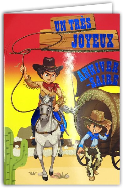 Carte Joyeux Anniversaire Garçon Cowboy à Cheval avec Enveloppe Jaune 12x17 5cm