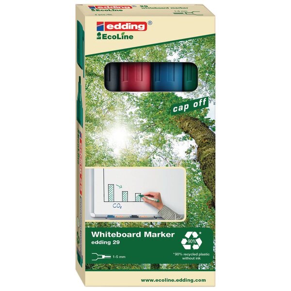Marqueur pour tableau blanc 29 EcoLine à pointe biseautée, largeur de trait 1 - 5 mm, couleurs assorties : noir, bleu, rouge, vert, lot de 4 (jeu 4 unités)
