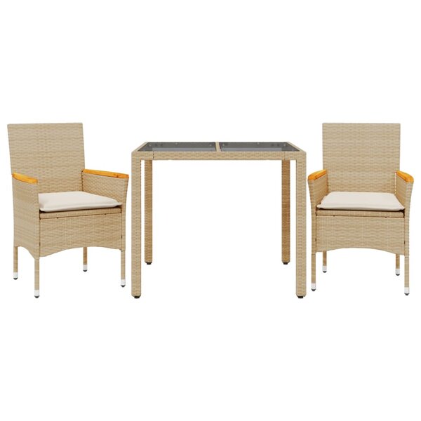 vidaXL Ensemble à manger de jardin et coussins 3 Pièces beige rotin verre