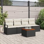 Canapé de jardin 5 pièces avec coussins noir en poly rotin et acacia