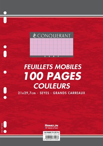 Pqt de 100 pages Feuillets mobiles A4 80g Seyes Grands Carreaux Rose CONQUÉRANT SEPT